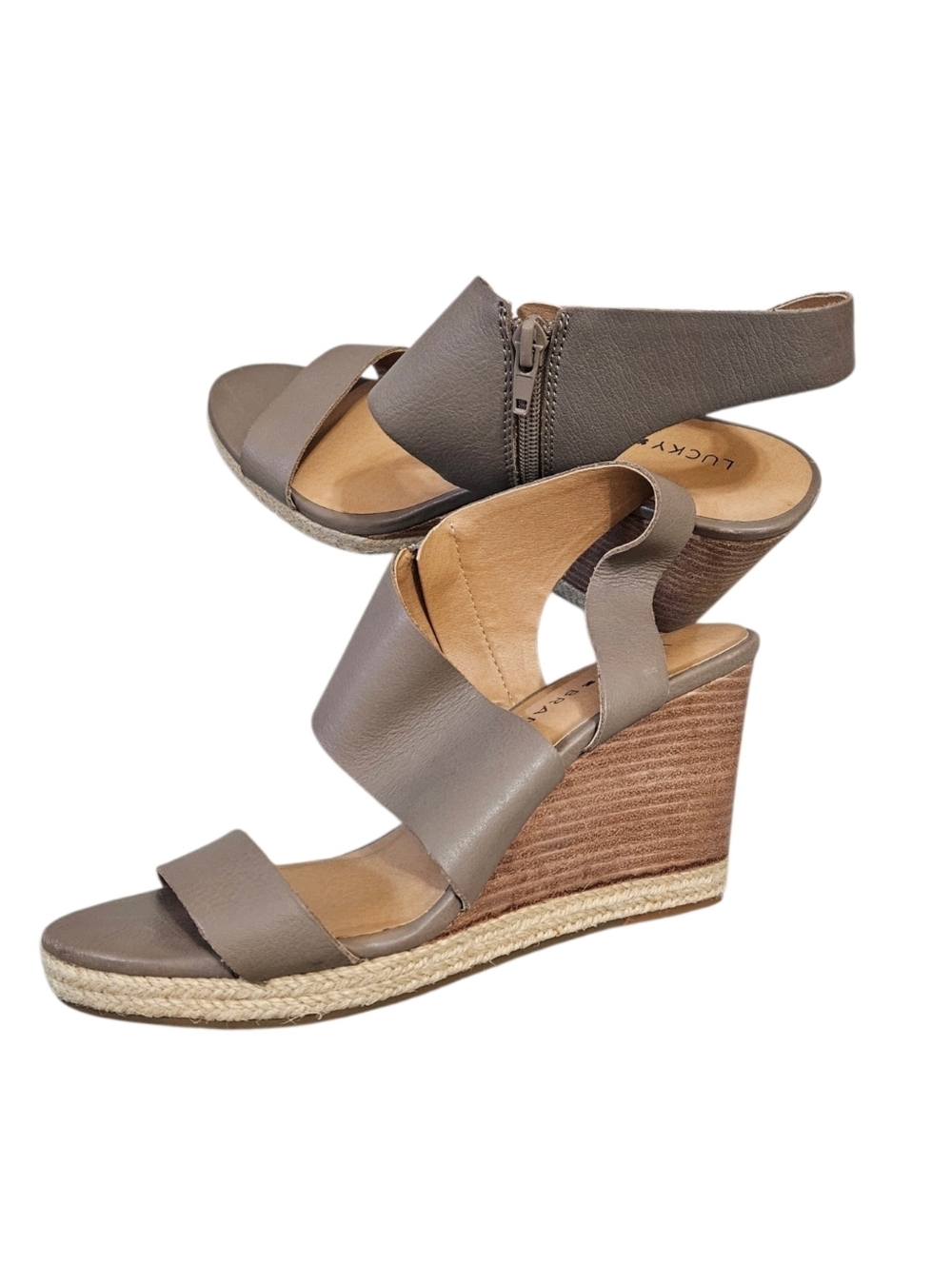 Lucky Brand Taupe LK Lowden Leather Strappy Wedge Sandals Womens